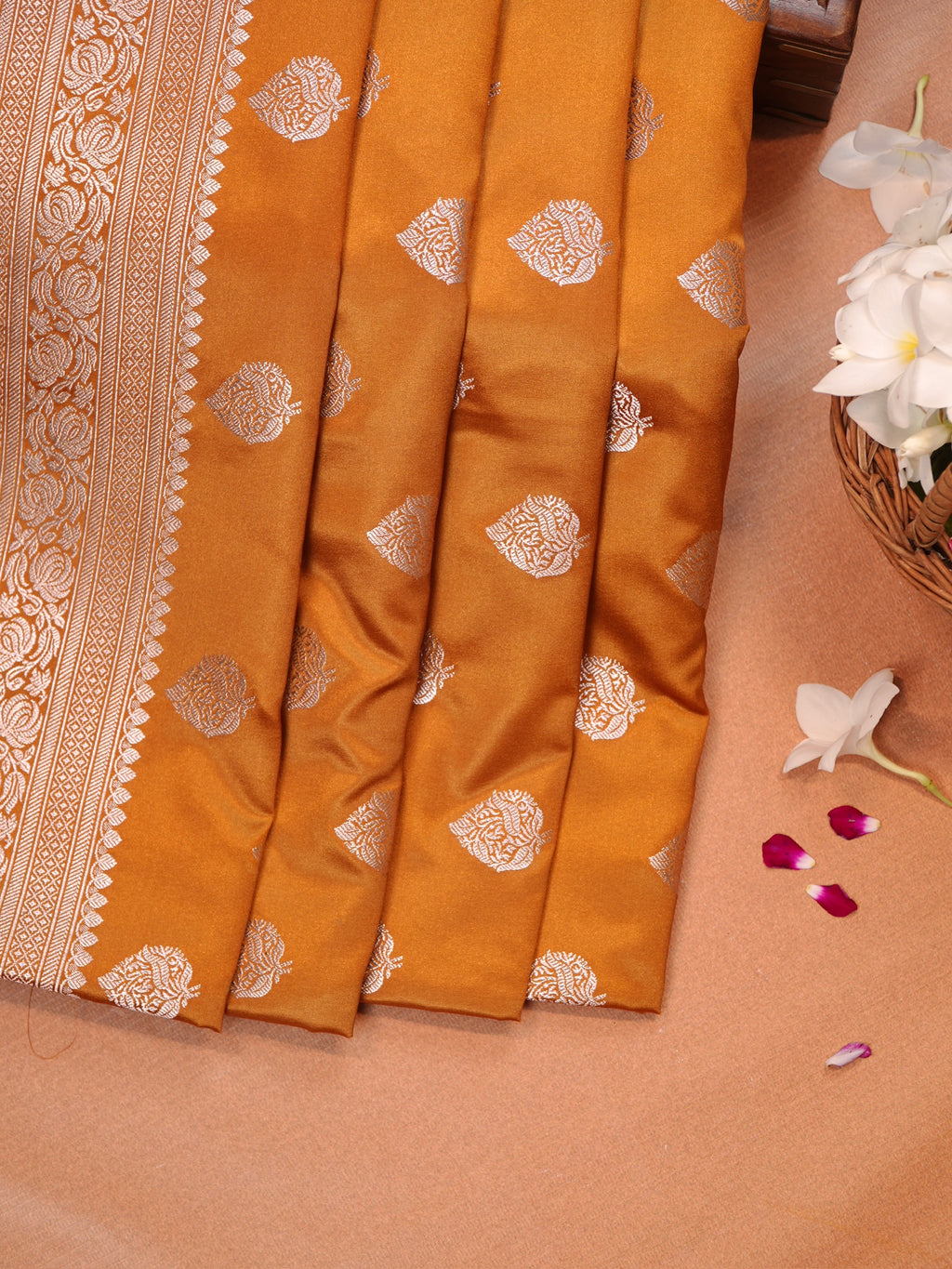 Mustard Gold Banarasi Mashru Katan Silk Saree with Paisley Leaf Butis