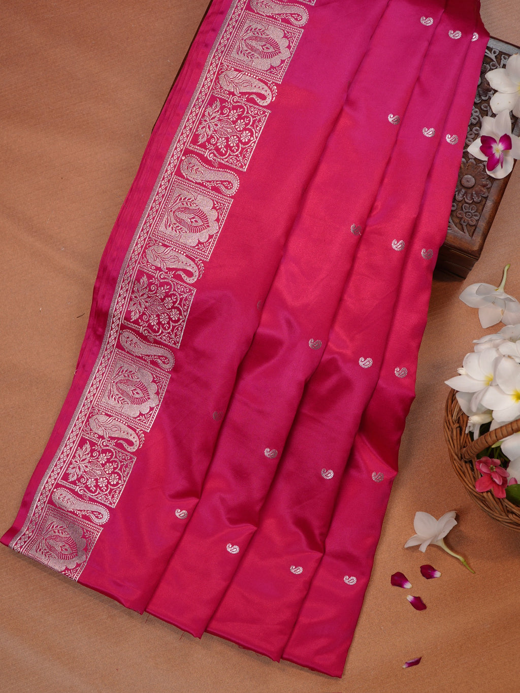 Rani Pink Banarasi Mashru Katan Silk Saree with Paisley Motif Highlights