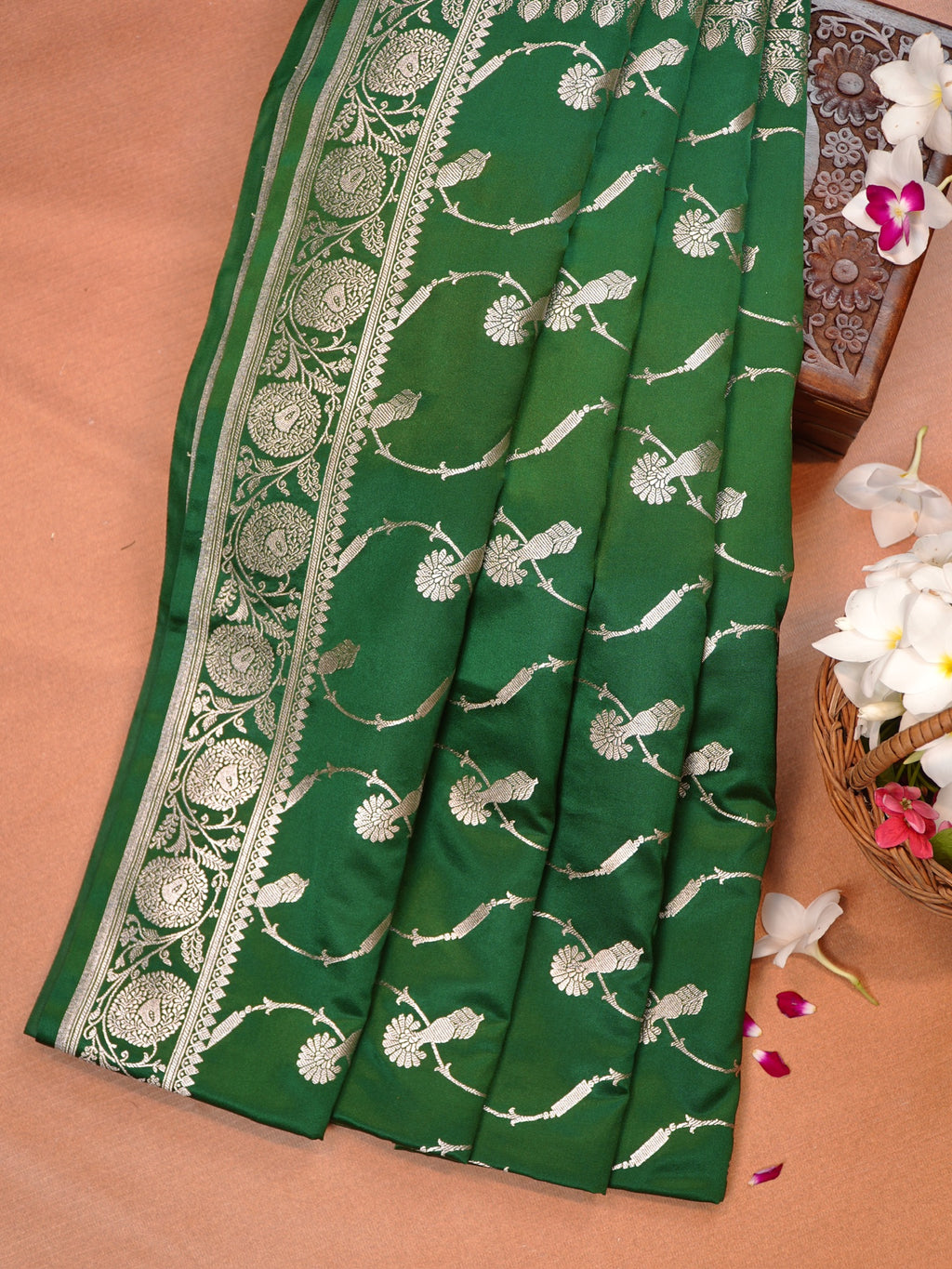 Emerald Green Banarasi Mashru Katan Silk Saree with Meandering Floral Vines
