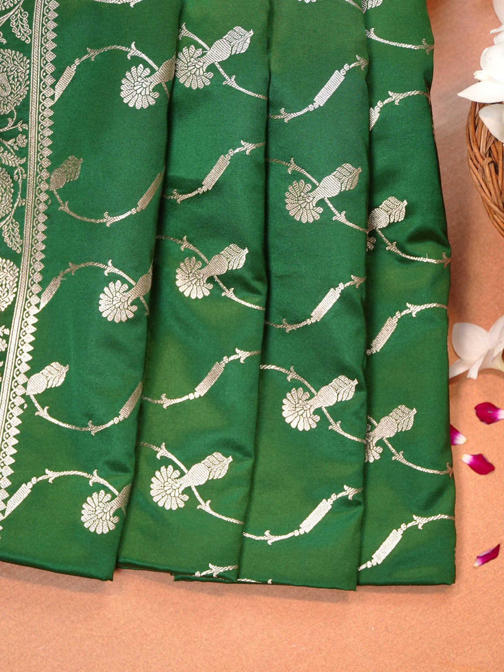 Emerald Green Banarasi Mashru Katan Silk Saree with Meandering Floral Vines