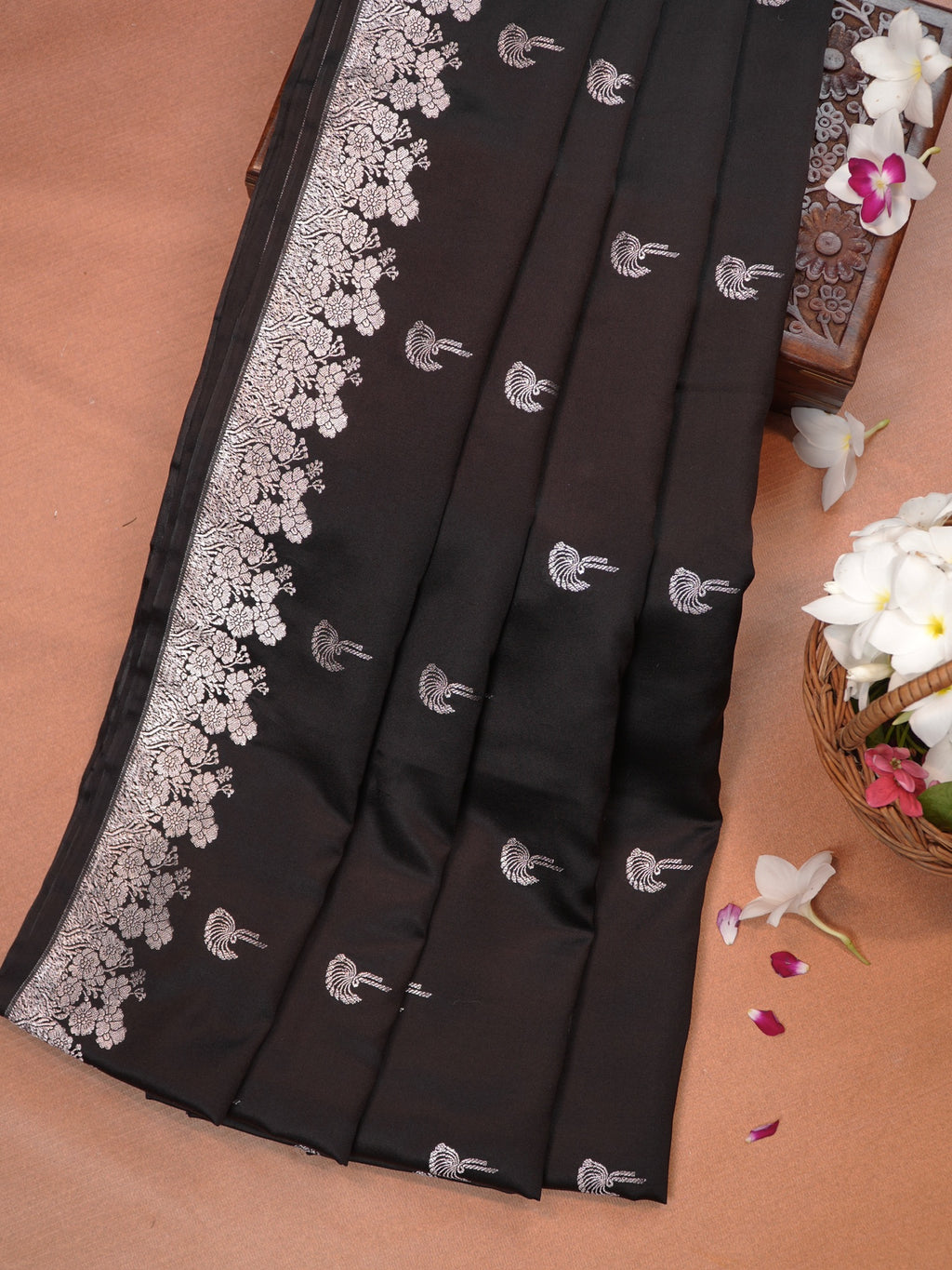 Midnight Black Banarasi Mashru Katan Silk Saree with Stylized Fan Motifs