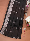 Midnight Black Banarasi Mashru Katan Silk Saree with Stylized Fan Motifs
