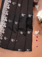 Midnight Black Banarasi Mashru Katan Silk Saree with Stylized Fan Motifs