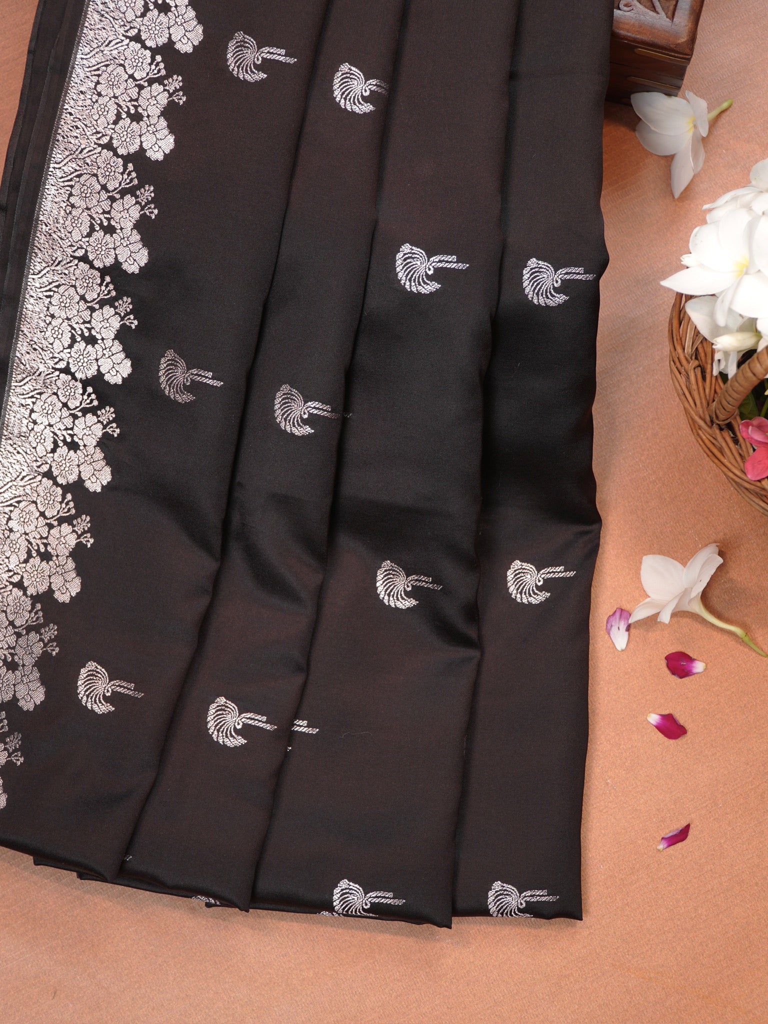 Midnight Black Banarasi Mashru Katan Silk Saree with Stylized Fan Motifs