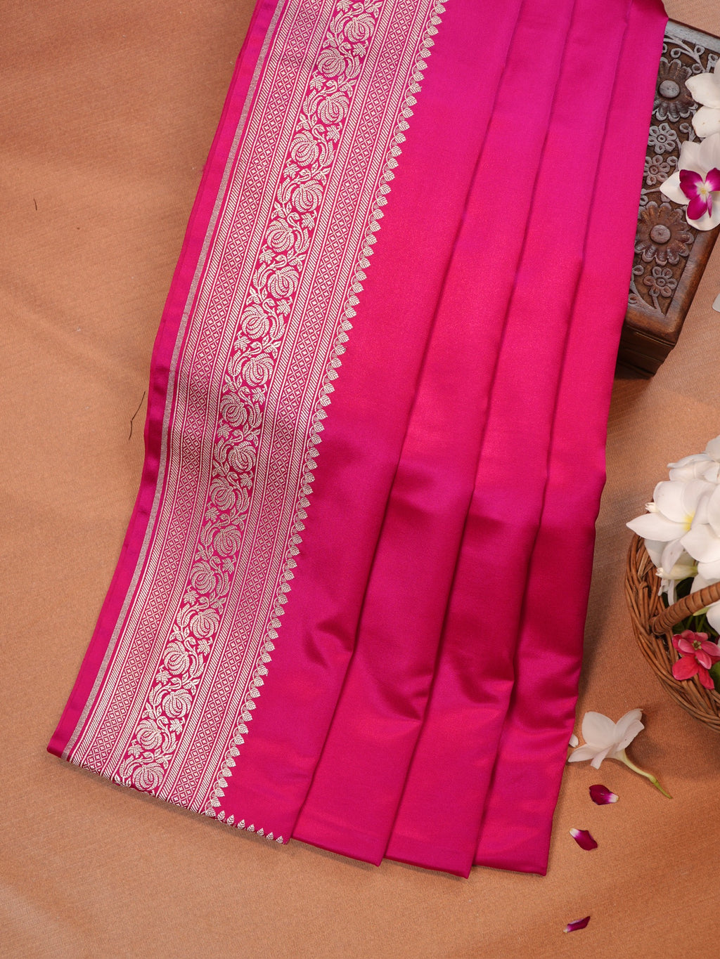 Rani Pink Banarasi Mashru Katan Silk Saree with Antique Silver Zari Weaving