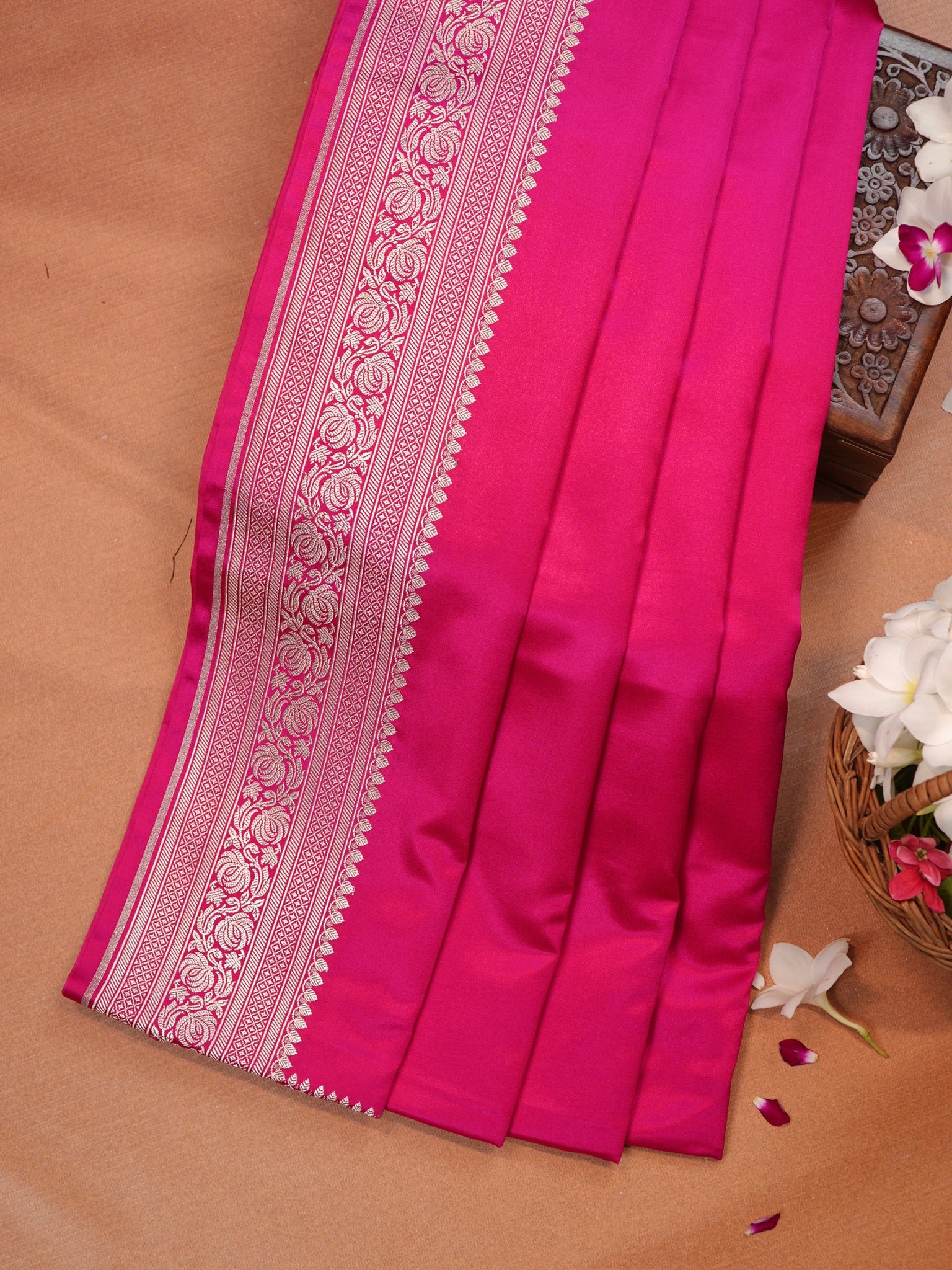 Rani Pink Banarasi Mashru Katan Silk Saree with Antique Silver Zari Weaving