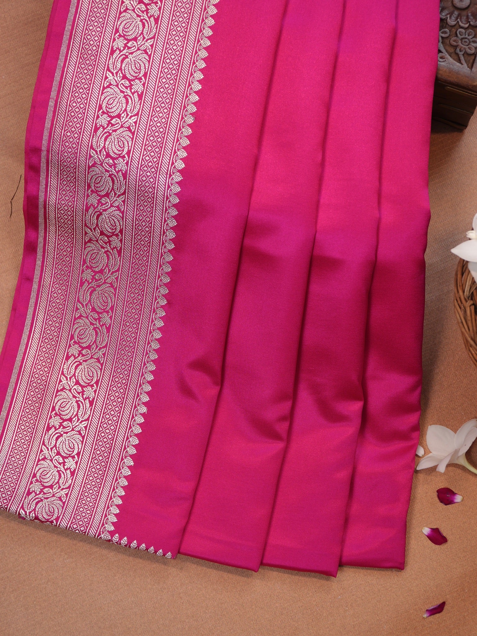 Rani Pink Banarasi Mashru Katan Silk Saree with Antique Silver Zari Weaving