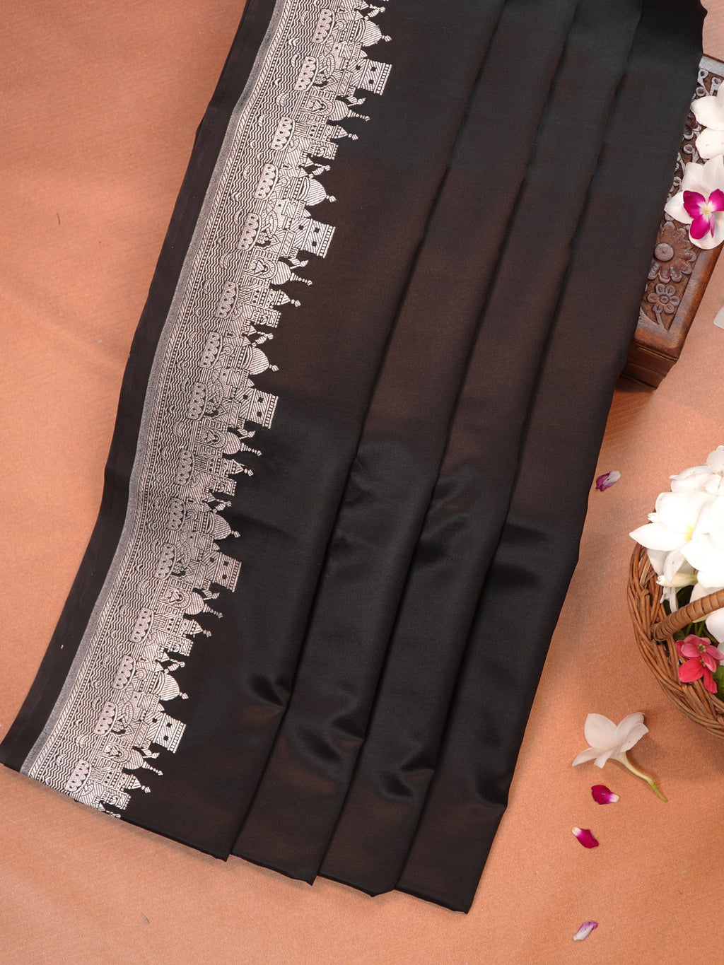 Black Banarasi Mashru Katan Silk Saree in Baranas Ghat Motif