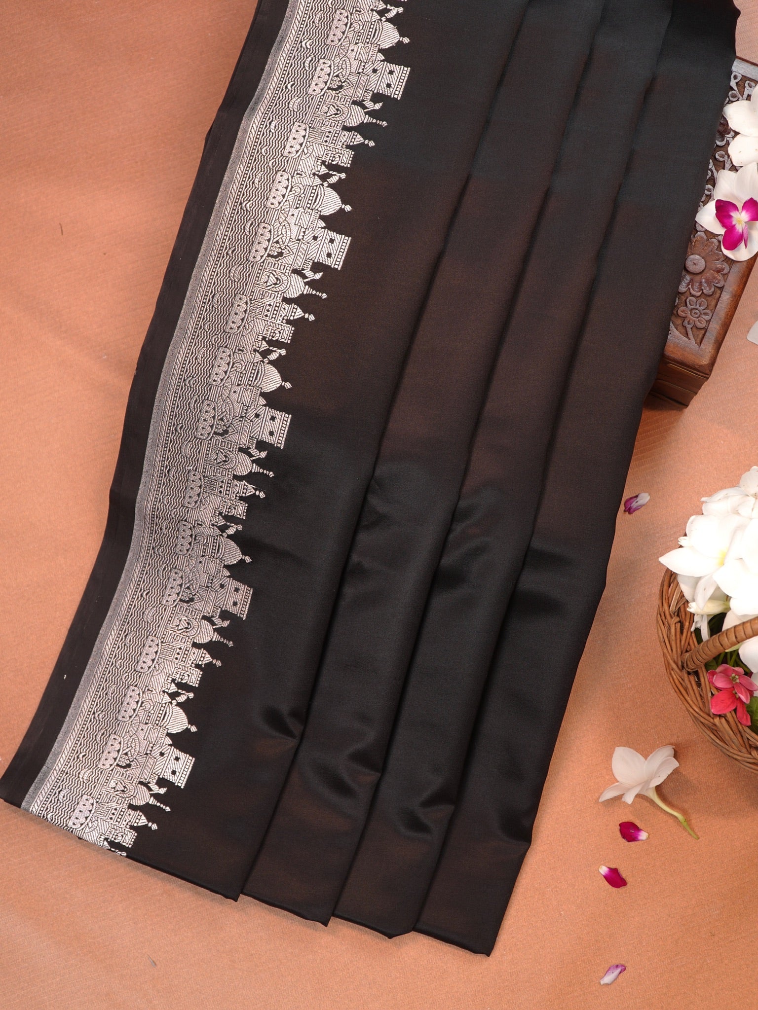 Black Banarasi Mashru Katan Silk Saree in Baranas Ghat Motif