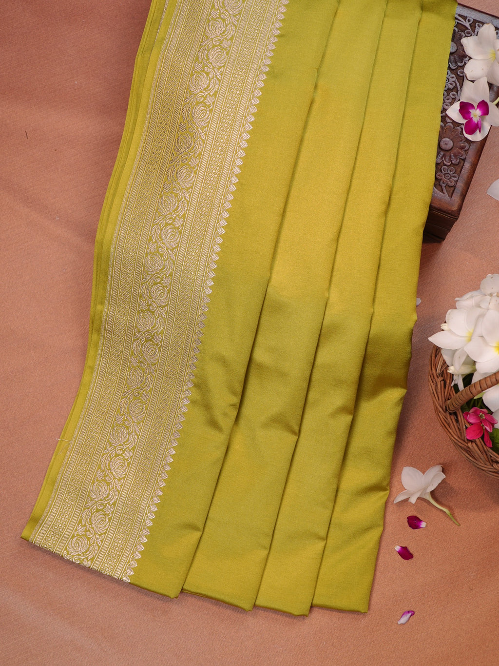 Olive Yellow Banarasi Mashru Katan Silk Saree with Silver Zari Weaving