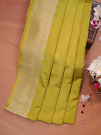 Olive Yellow Banarasi Mashru Katan Silk Saree with Silver Zari Weaving