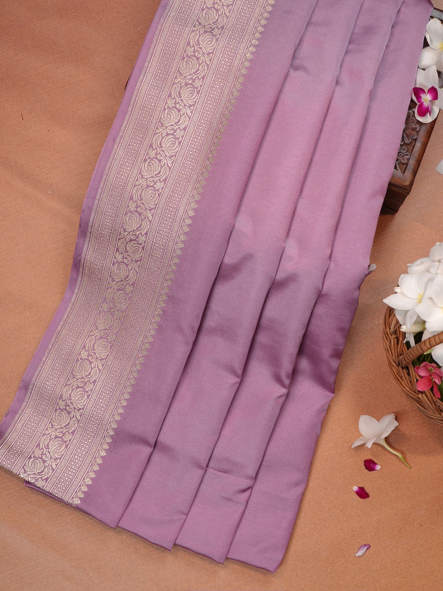 Lilac Pink Banarasi Mashru Katan Silk Saree with Antique Silver Zari Weaving