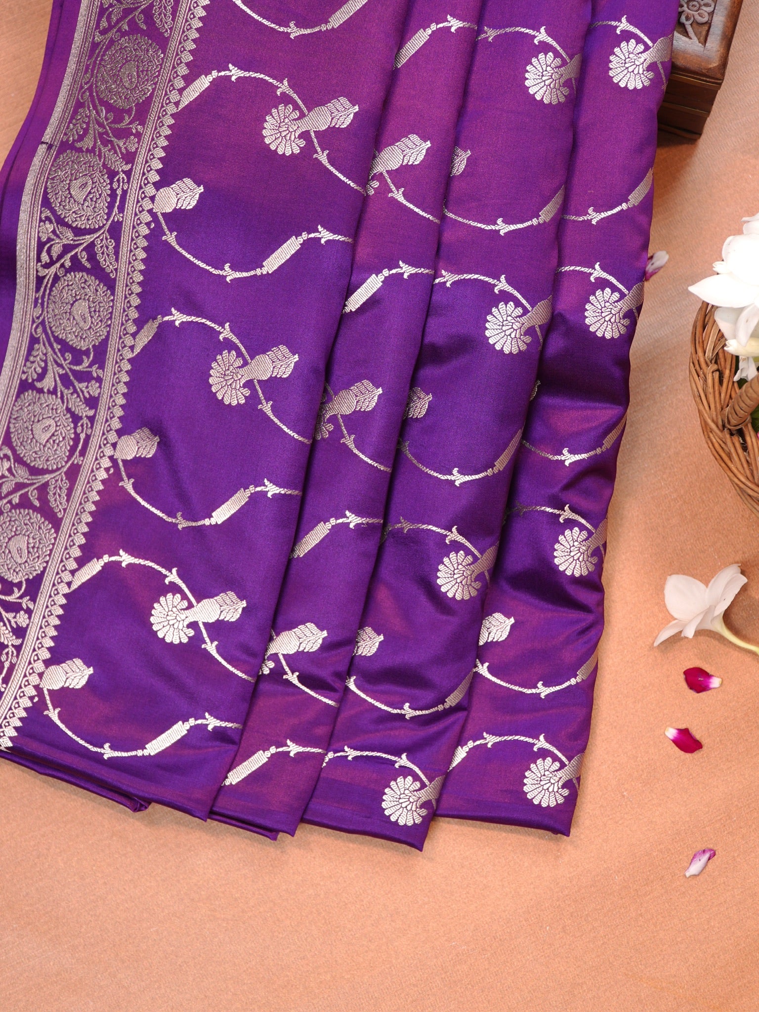 Royal Purple Banarasi Mashru Katan Silk Saree with Stylized Meandering Jaal  Geometric Pallu
