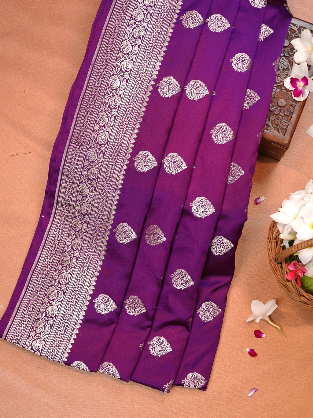 Deep Purple Banarasi Mashru Katan Silk Saree with Leaf Motif