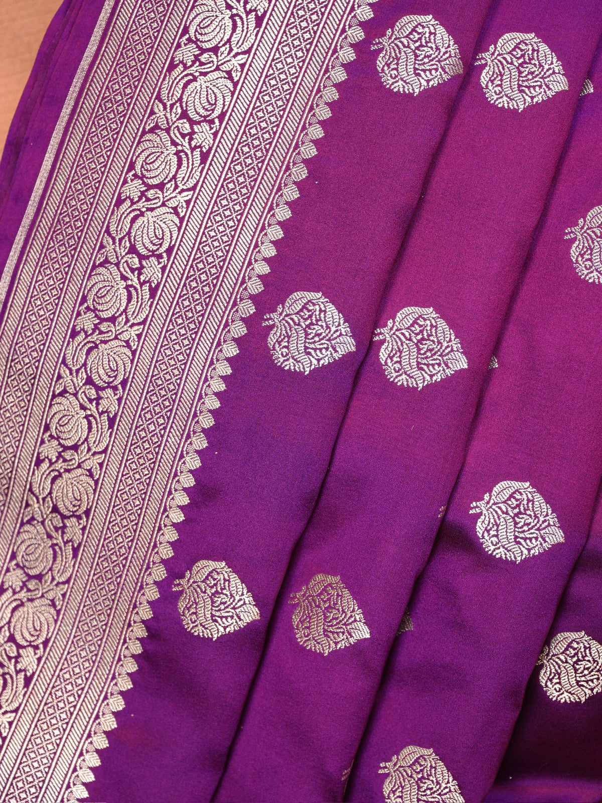 Deep Purple Banarasi Mashru Katan Silk Saree with Leaf Motif