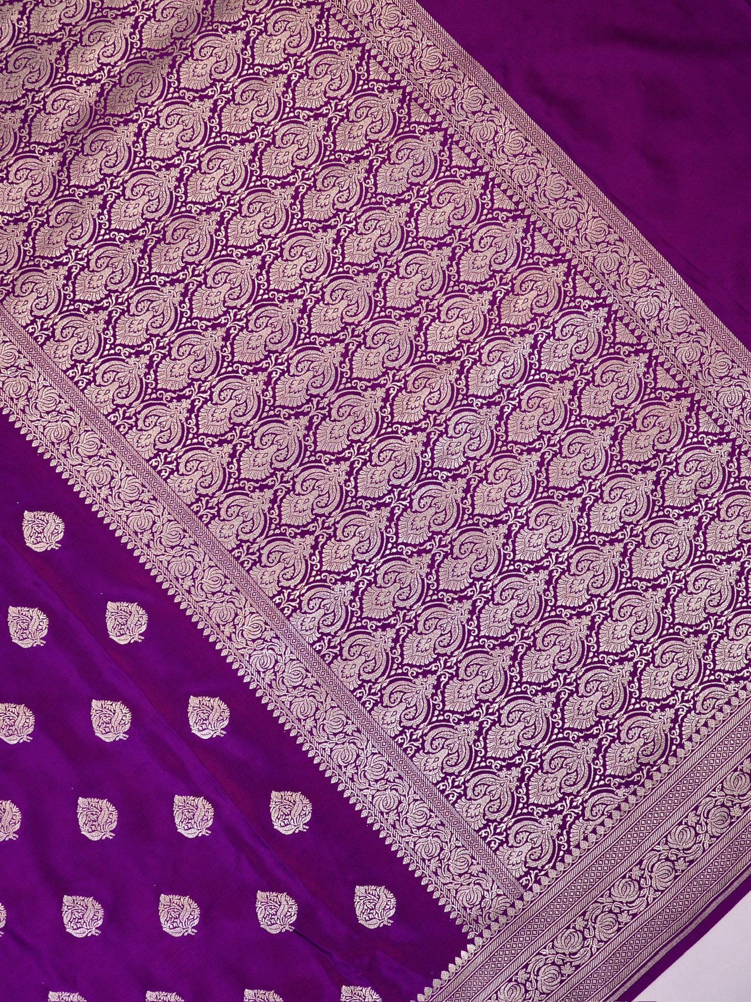 Deep Purple Banarasi Mashru Katan Silk Saree with Leaf Motif
