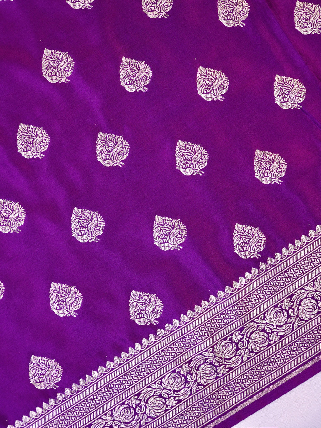 Deep Purple Banarasi Mashru Katan Silk Saree with Leaf Motif