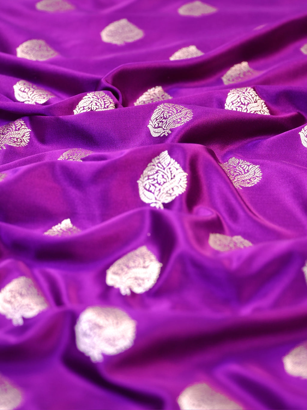 Deep Purple Banarasi Mashru Katan Silk Saree with Leaf Motif