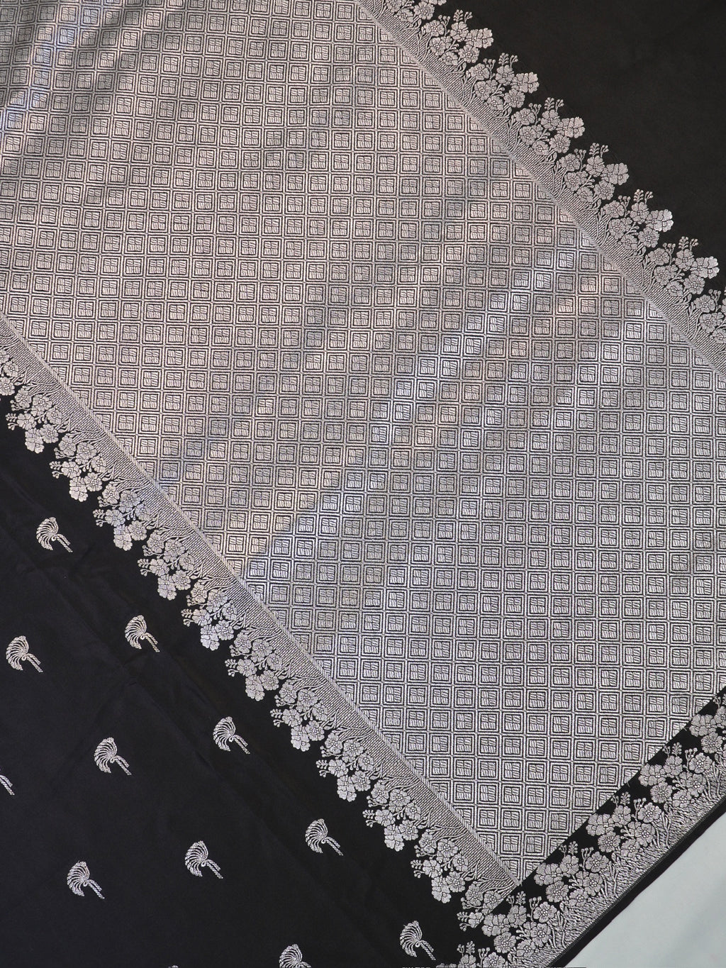 Midnight Black Banarasi Mashru Katan Silk Saree with Stylized Fan Motifs