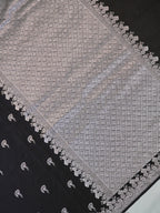 Midnight Black Banarasi Mashru Katan Silk Saree with Stylized Fan Motifs