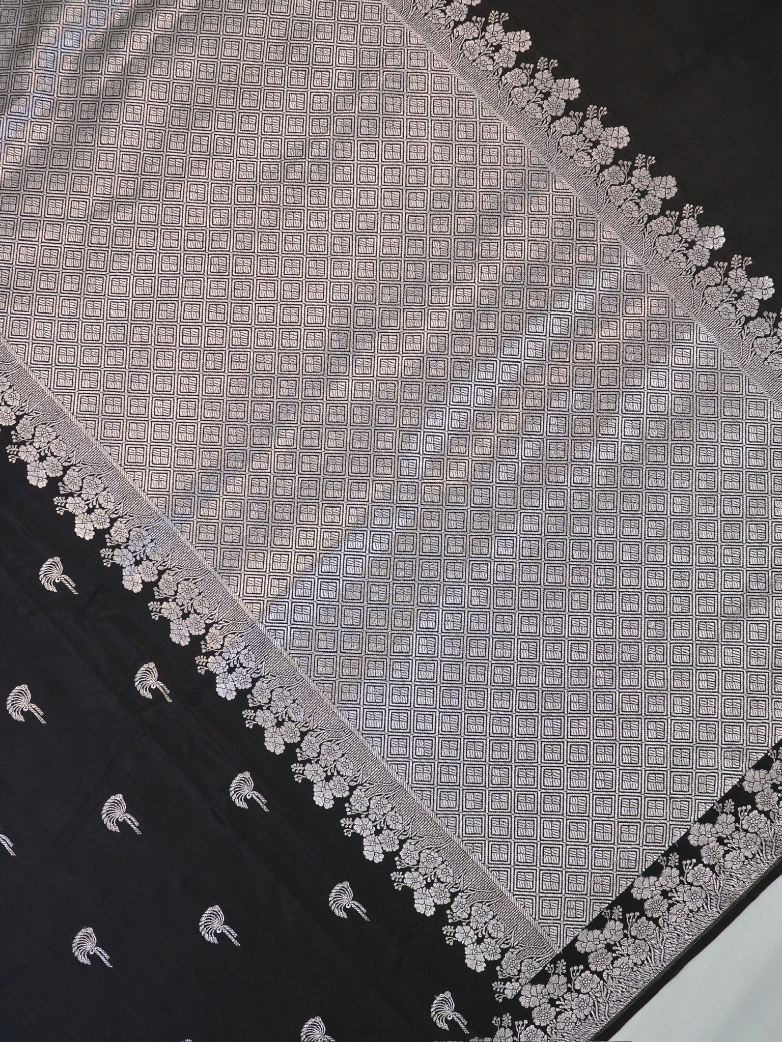 Midnight Black Banarasi Mashru Katan Silk Saree with Stylized Fan Motifs
