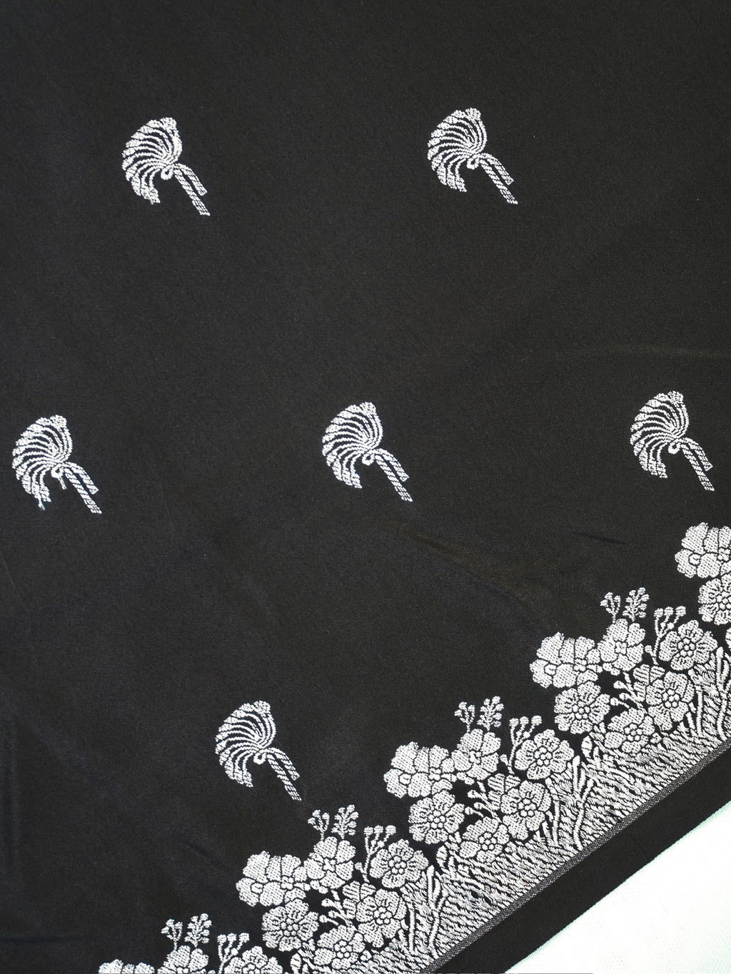 Midnight Black Banarasi Mashru Katan Silk Saree with Stylized Fan Motifs