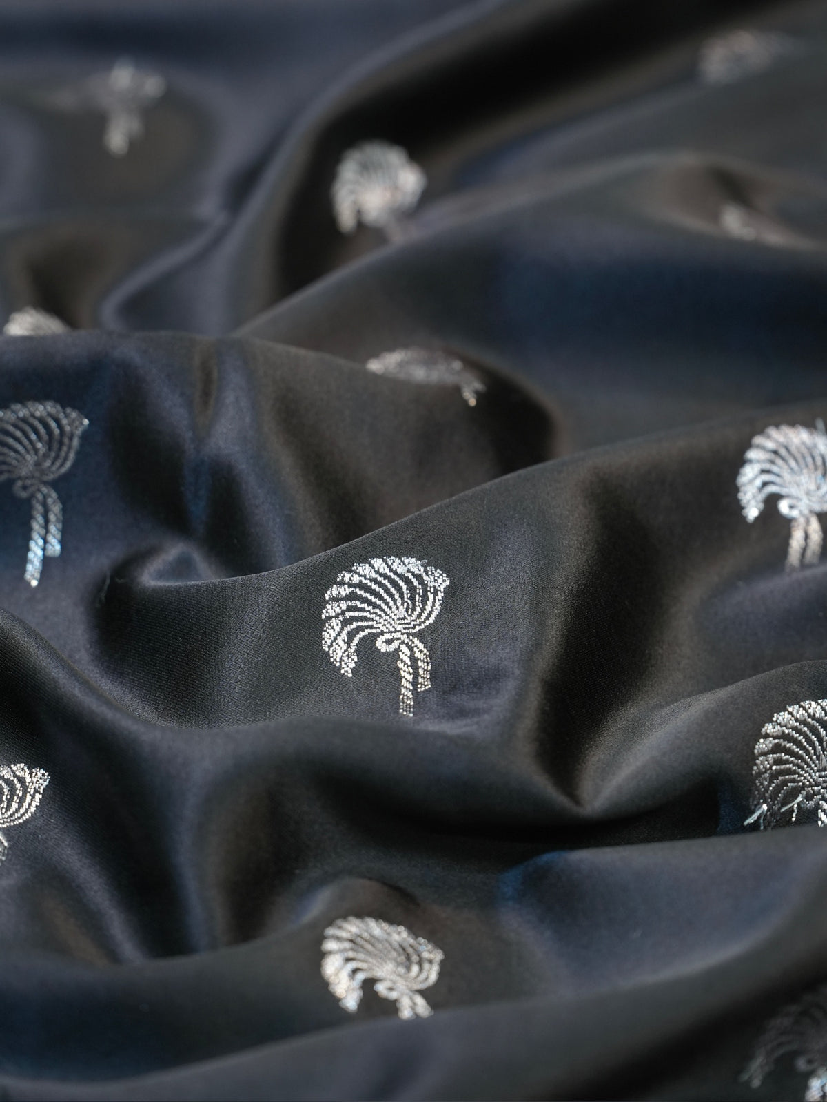 Midnight Black Banarasi Mashru Katan Silk Saree with Stylized Fan Motifs