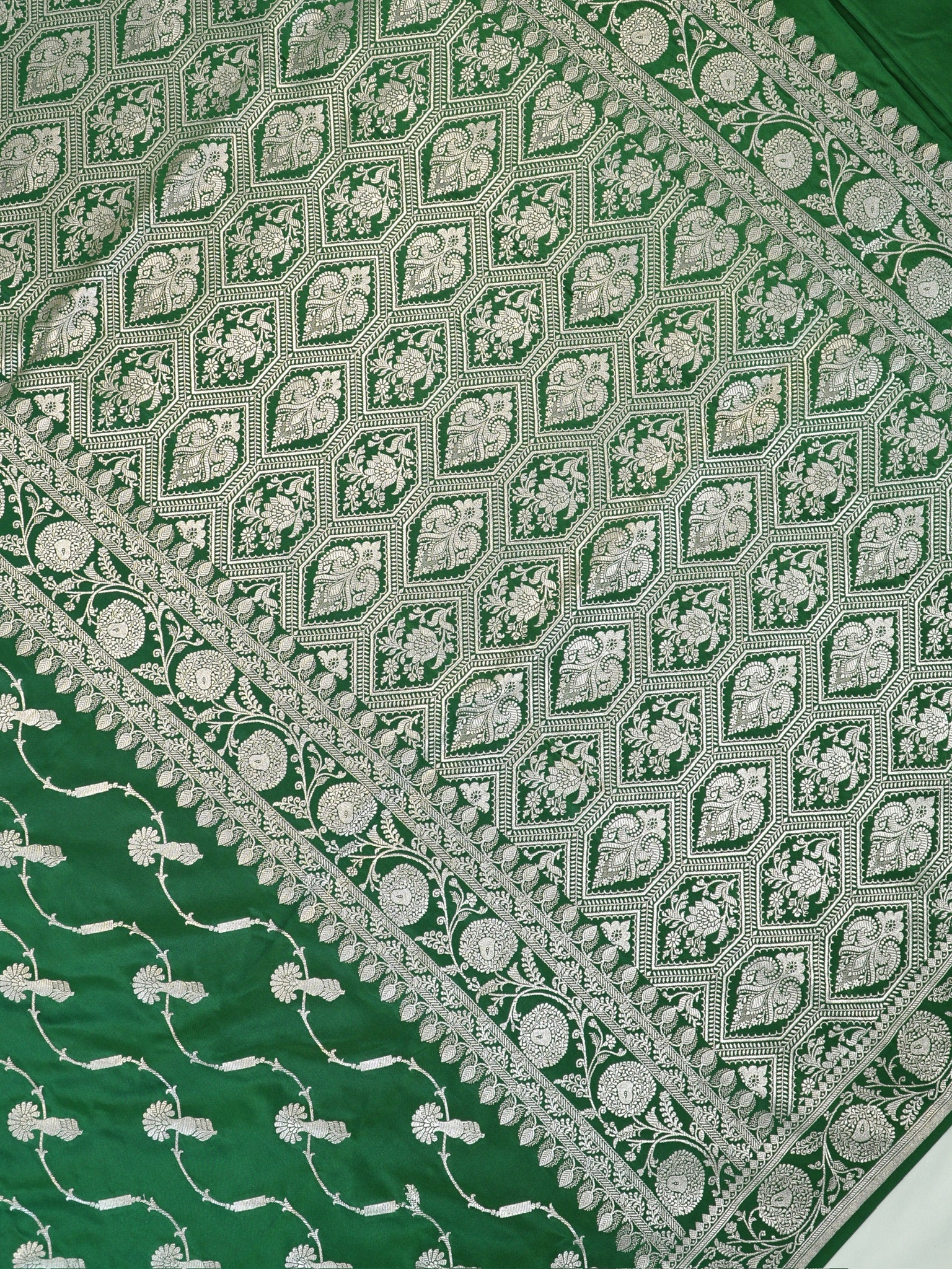 Emerald Green Banarasi Mashru Katan Silk Saree with Meandering Floral Vines