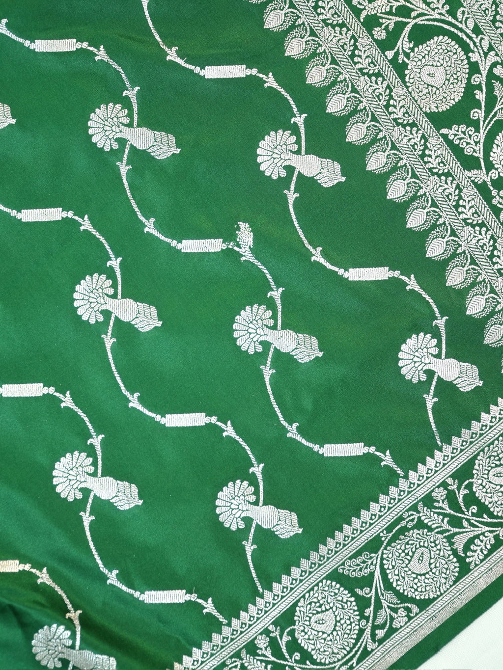 Emerald Green Banarasi Mashru Katan Silk Saree with Meandering Floral Vines