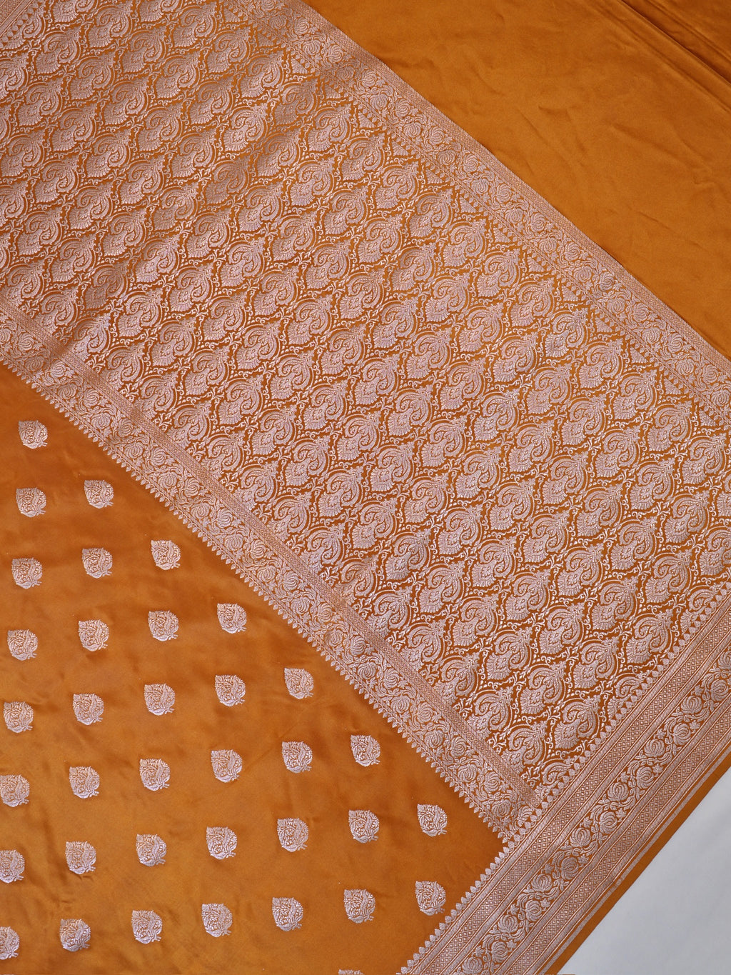 Mustard Gold Banarasi Mashru Katan Silk Saree with Paisley Leaf Butis