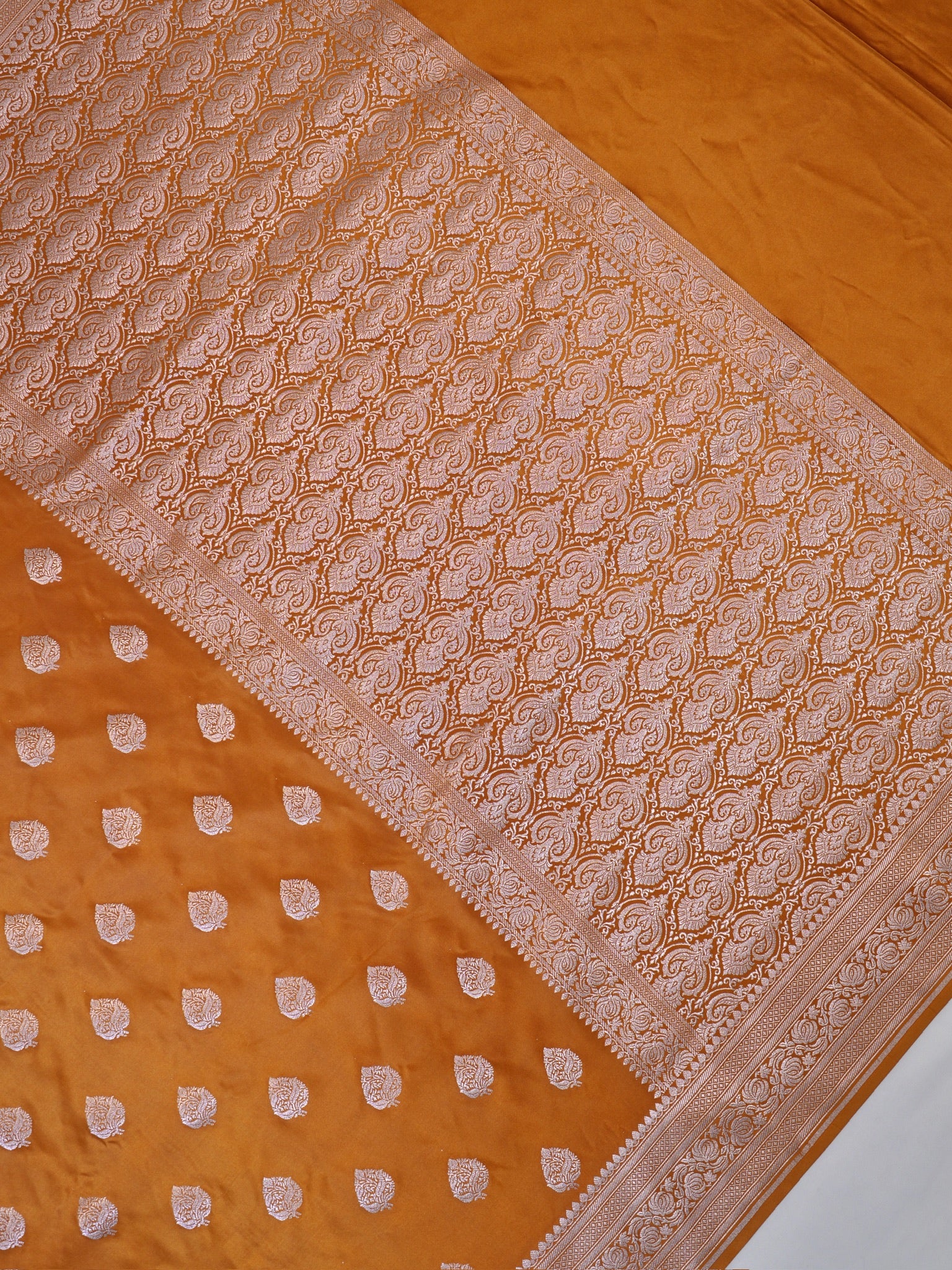 Mustard Gold Banarasi Mashru Katan Silk Saree with Paisley Leaf Butis