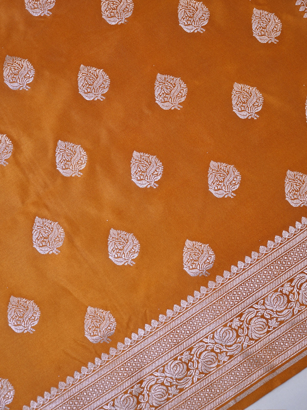 Mustard Gold Banarasi Mashru Katan Silk Saree with Paisley Leaf Butis