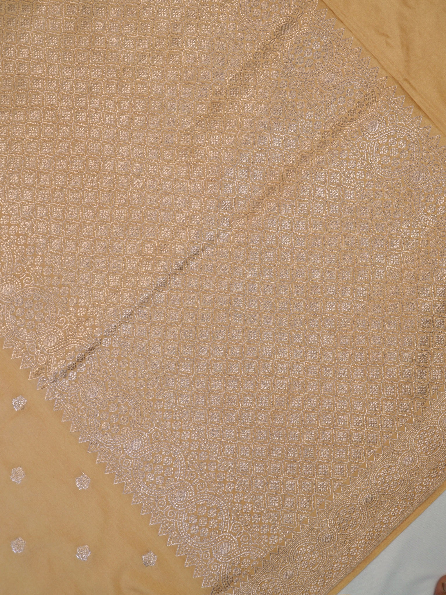 Beige Sand Banarasi Mashru Katan Silk Saree with Floral Zari Butis