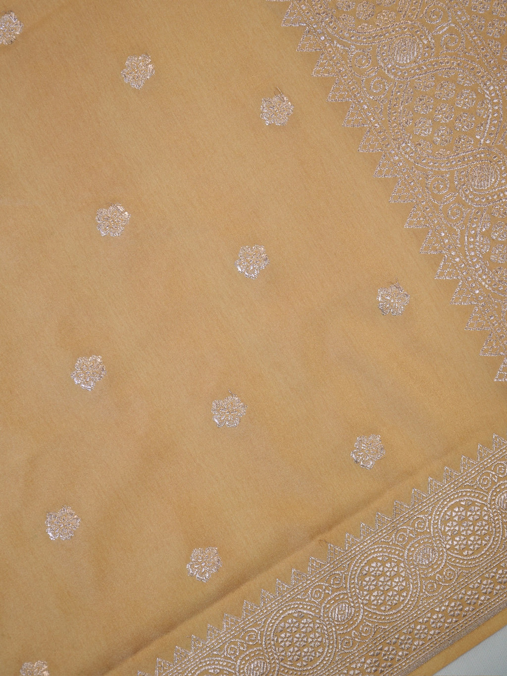 Beige Sand Banarasi Mashru Katan Silk Saree with Floral Zari Butis