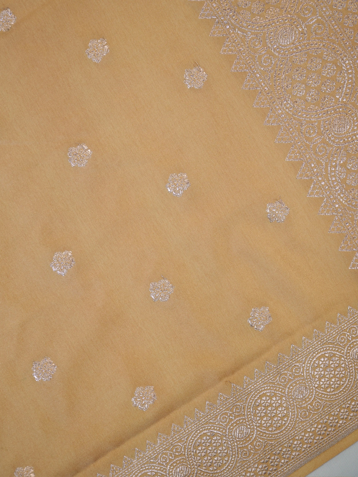 Beige Sand Banarasi Mashru Katan Silk Saree with Floral Zari Butis