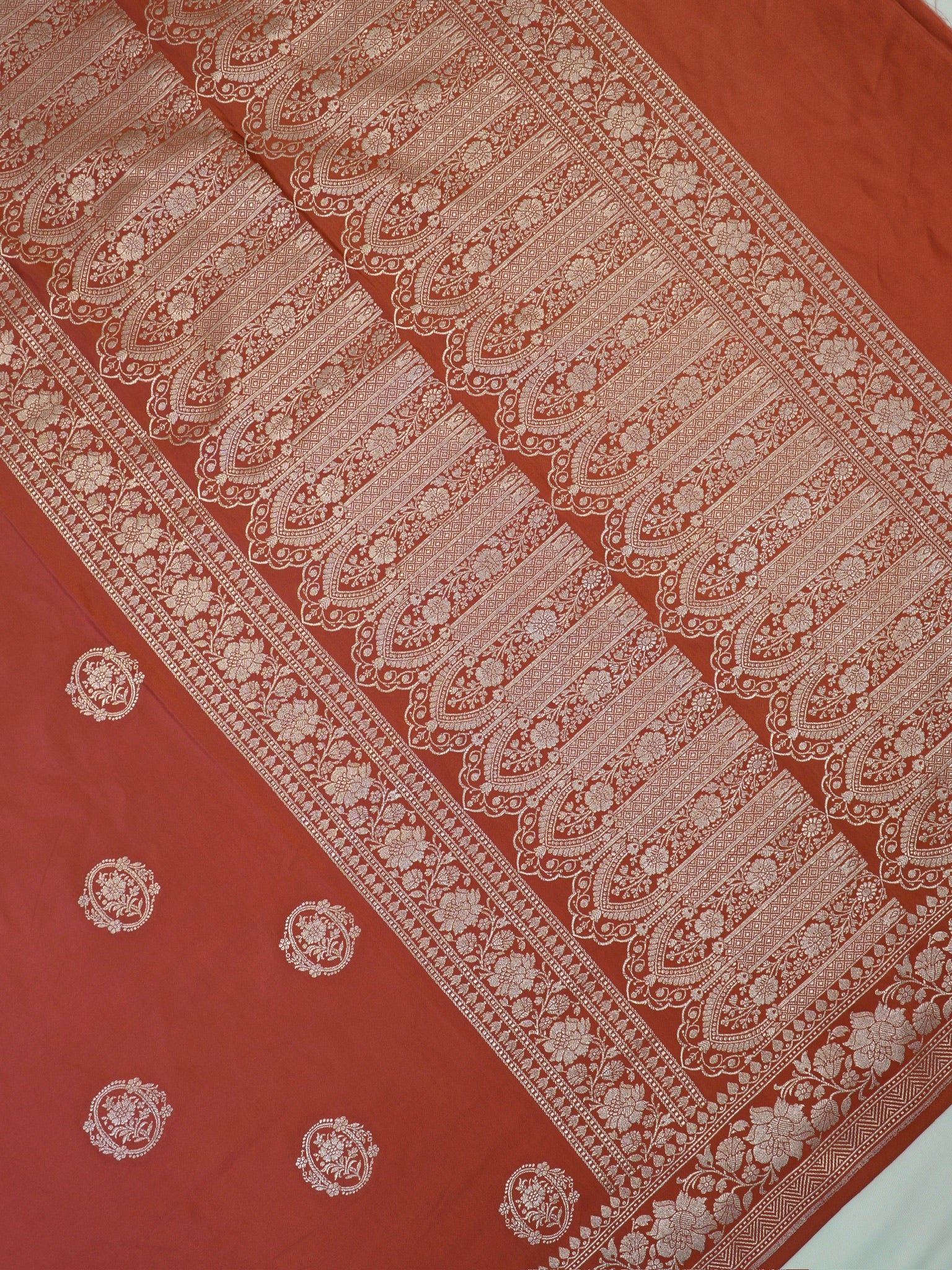 Rust Orange Banarasi Mashru Katan Silk Saree with Circular Floral Medallion Butis