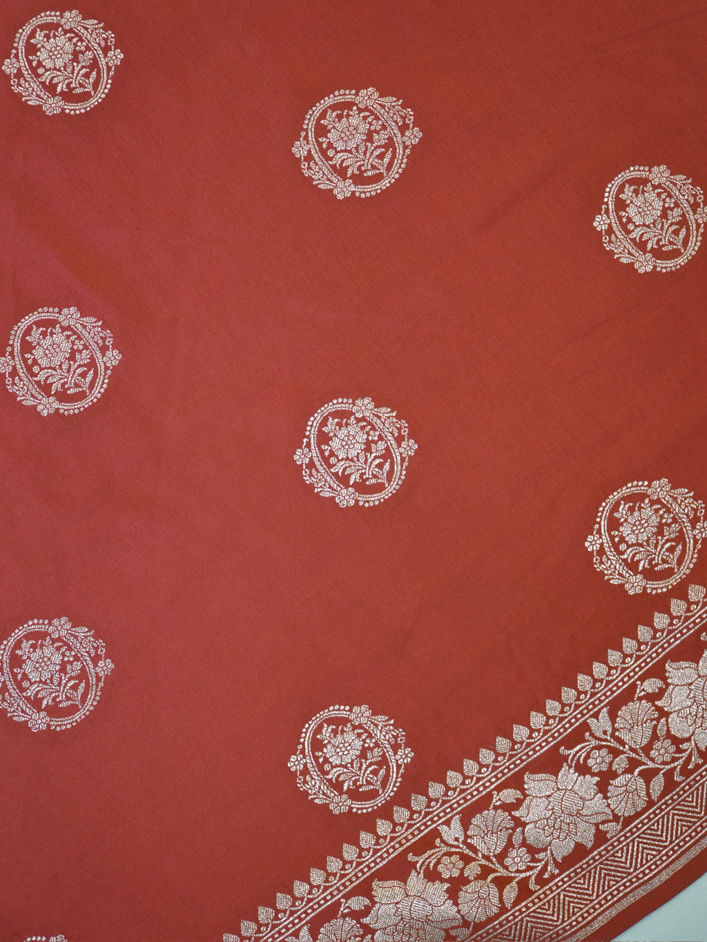 Rust Orange Banarasi Mashru Katan Silk Saree with Circular Floral Medallion Butis