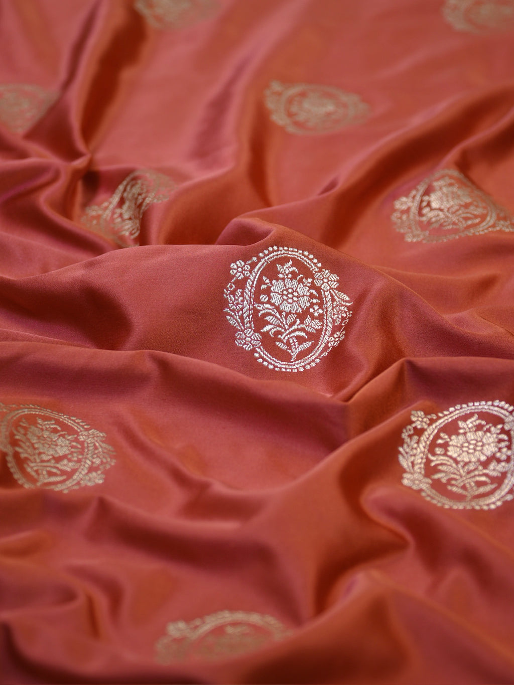 Rust Orange Banarasi Mashru Katan Silk Saree with Circular Floral Medallion Butis