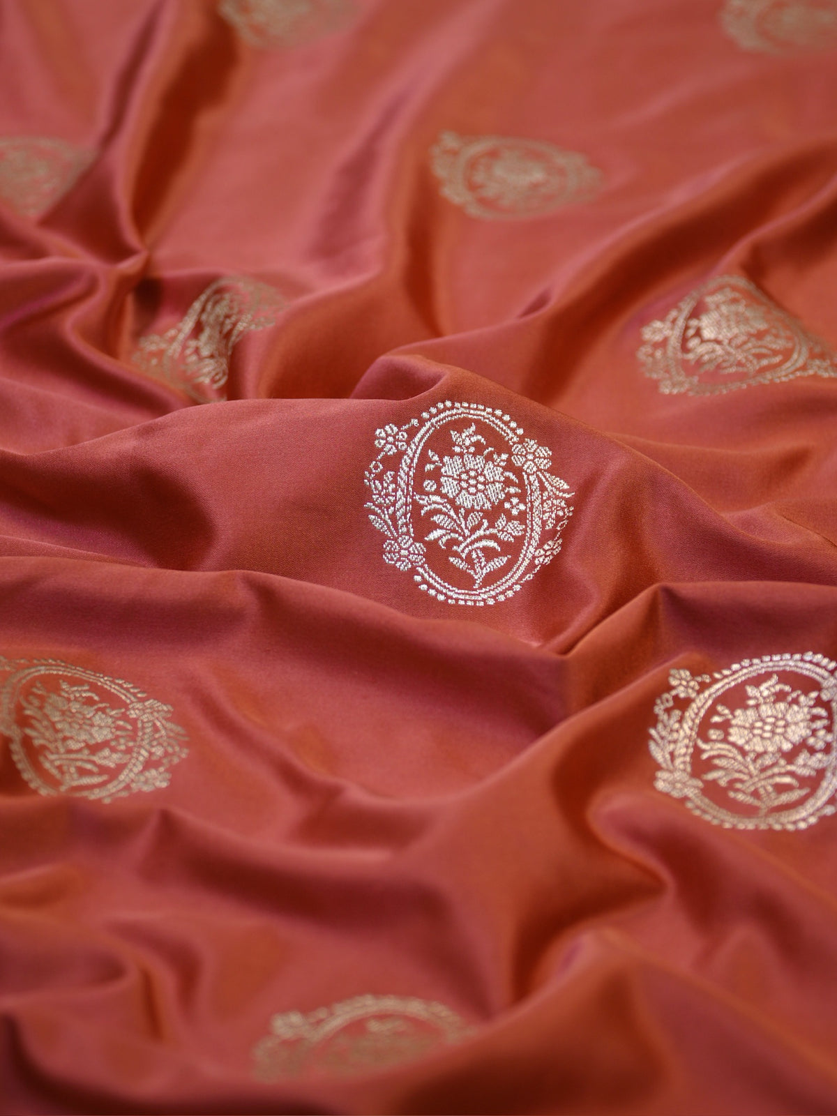 Rust Orange Banarasi Mashru Katan Silk Saree with Circular Floral Medallion Butis