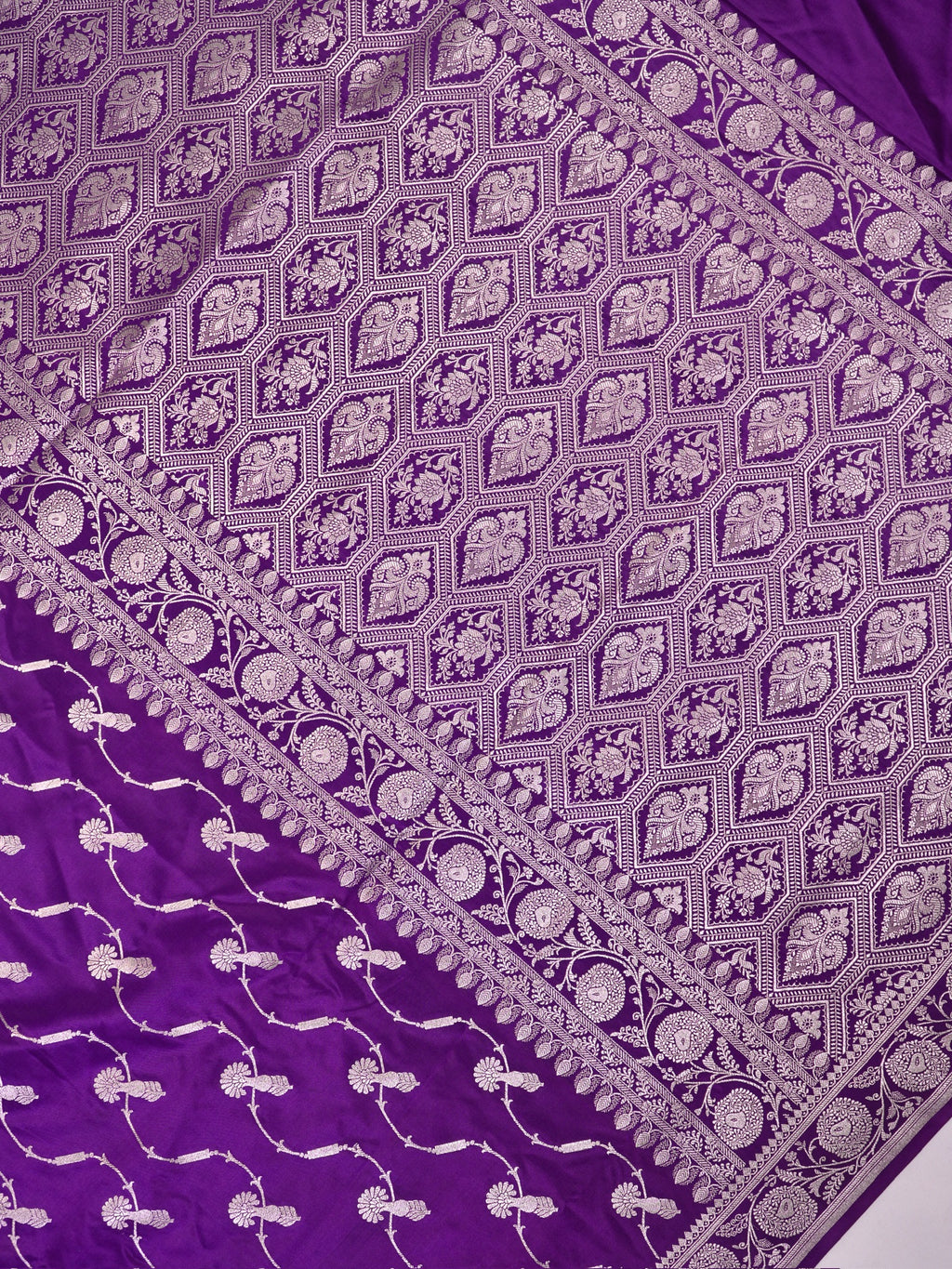 Royal Purple Banarasi Mashru Katan Silk Saree with Stylized Meandering Jaal  Geometric Pallu