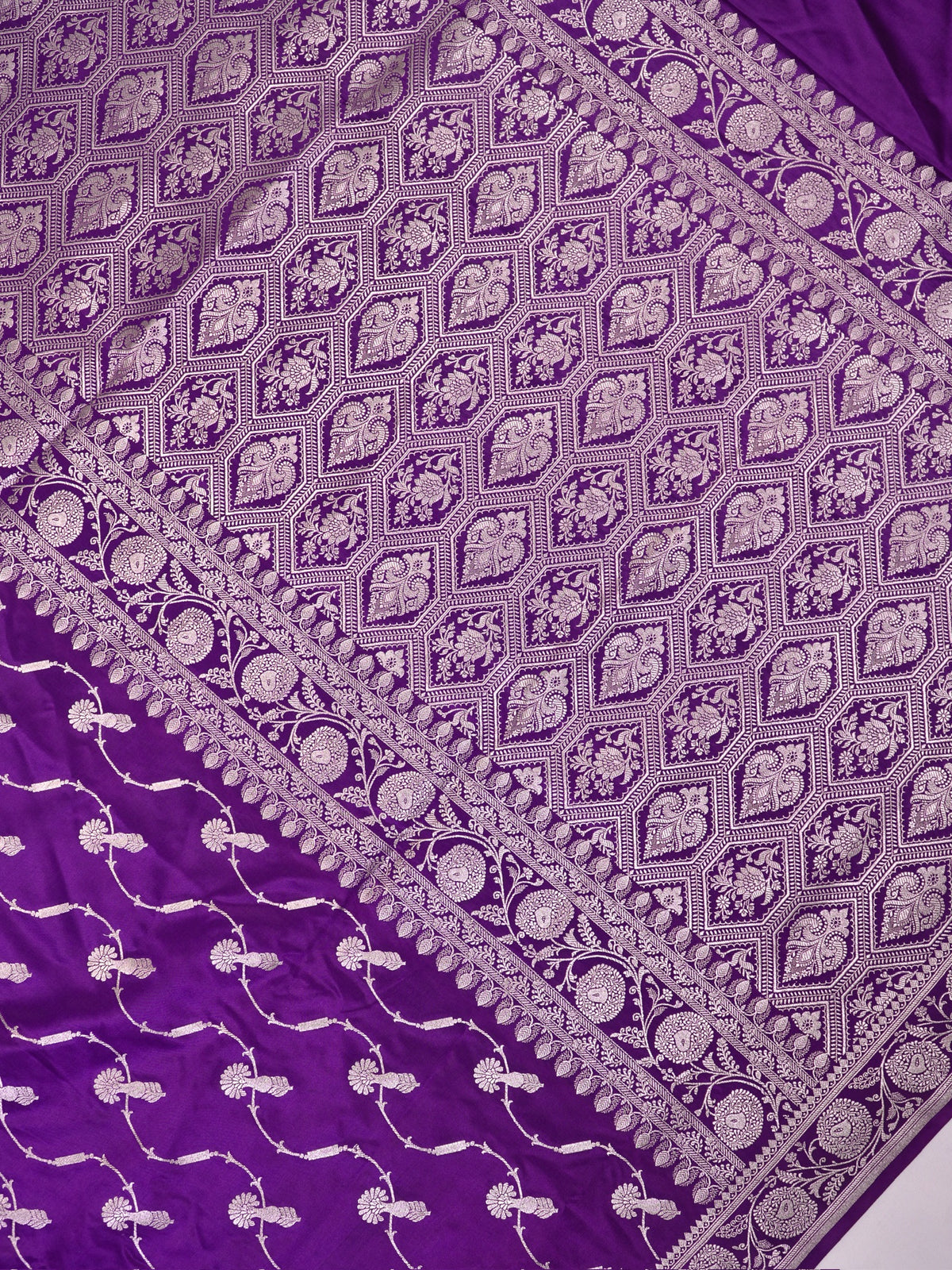 Royal Purple Banarasi Mashru Katan Silk Saree with Stylized Meandering Jaal  Geometric Pallu