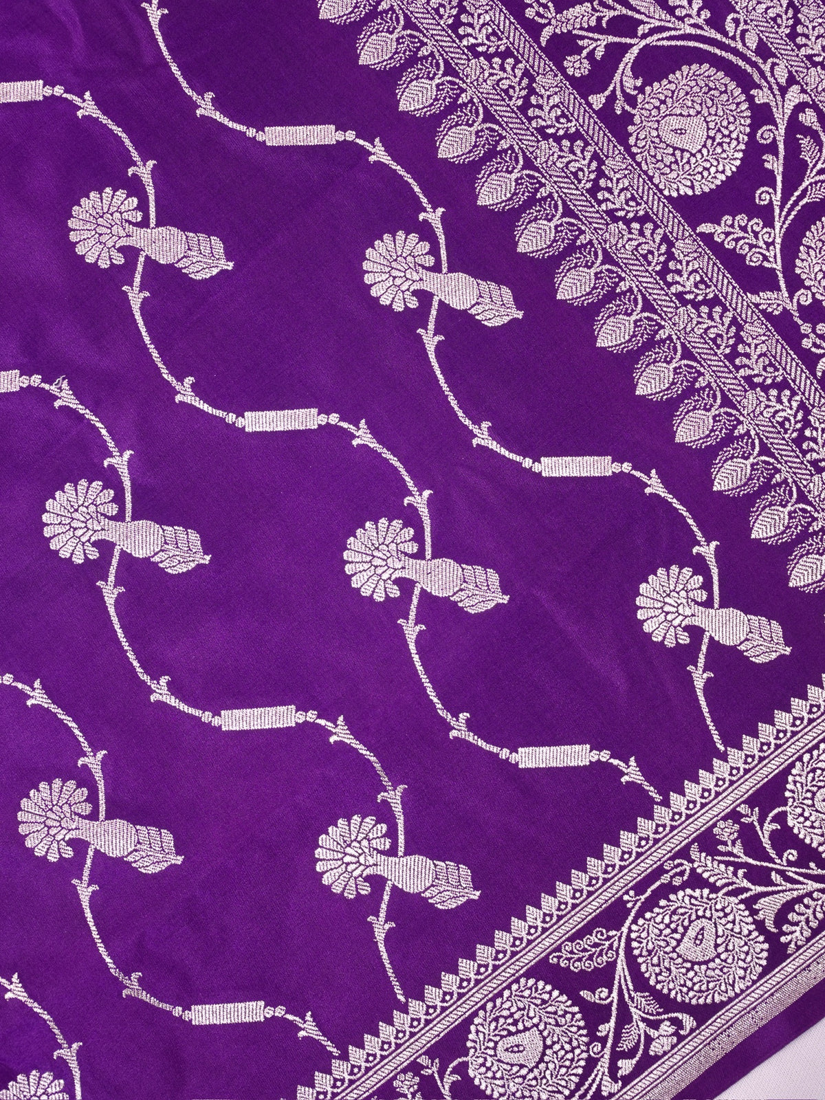 Royal Purple Banarasi Mashru Katan Silk Saree with Stylized Meandering Jaal  Geometric Pallu