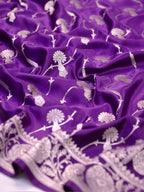 Royal Purple Banarasi Mashru Katan Silk Saree with Stylized Meandering Jaal  Geometric Pallu
