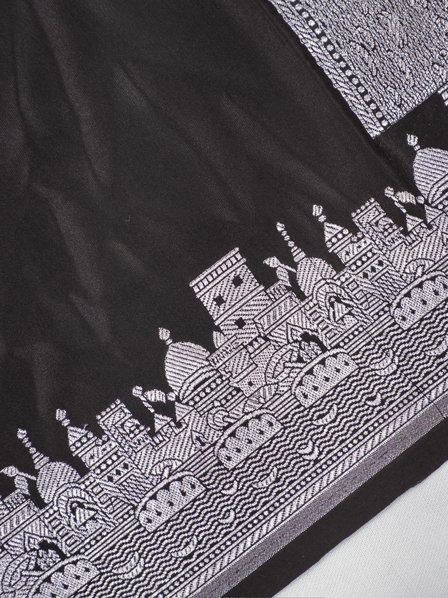Black Banarasi Mashru Katan Silk Saree in Baranas Ghat Motif