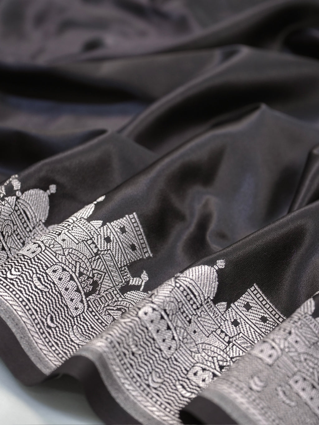 Black Banarasi Mashru Katan Silk Saree in Baranas Ghat Motif