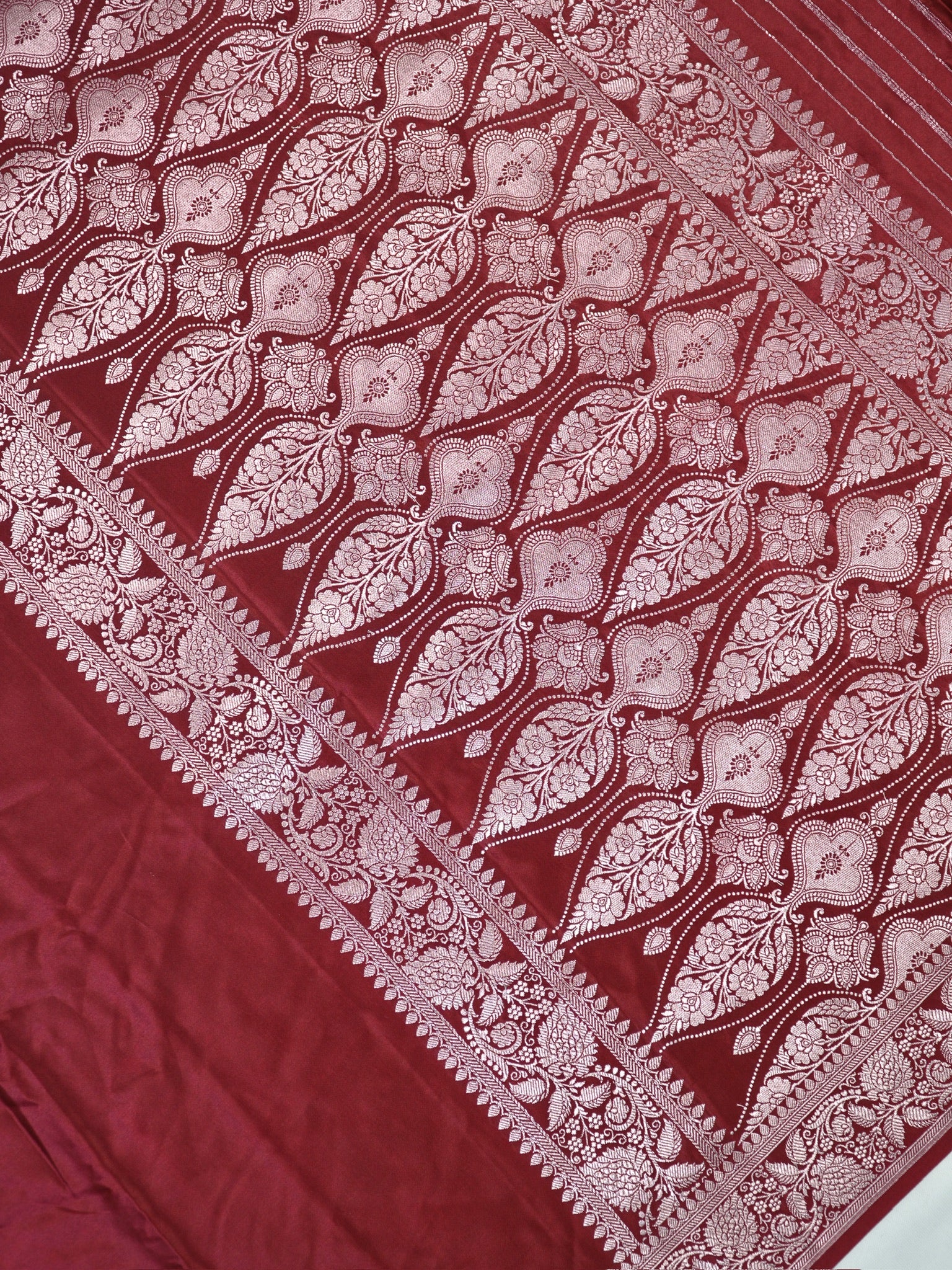 Maroon Banarasi Mashru Katan Silk Saree with Antique Silver Zari Weaving