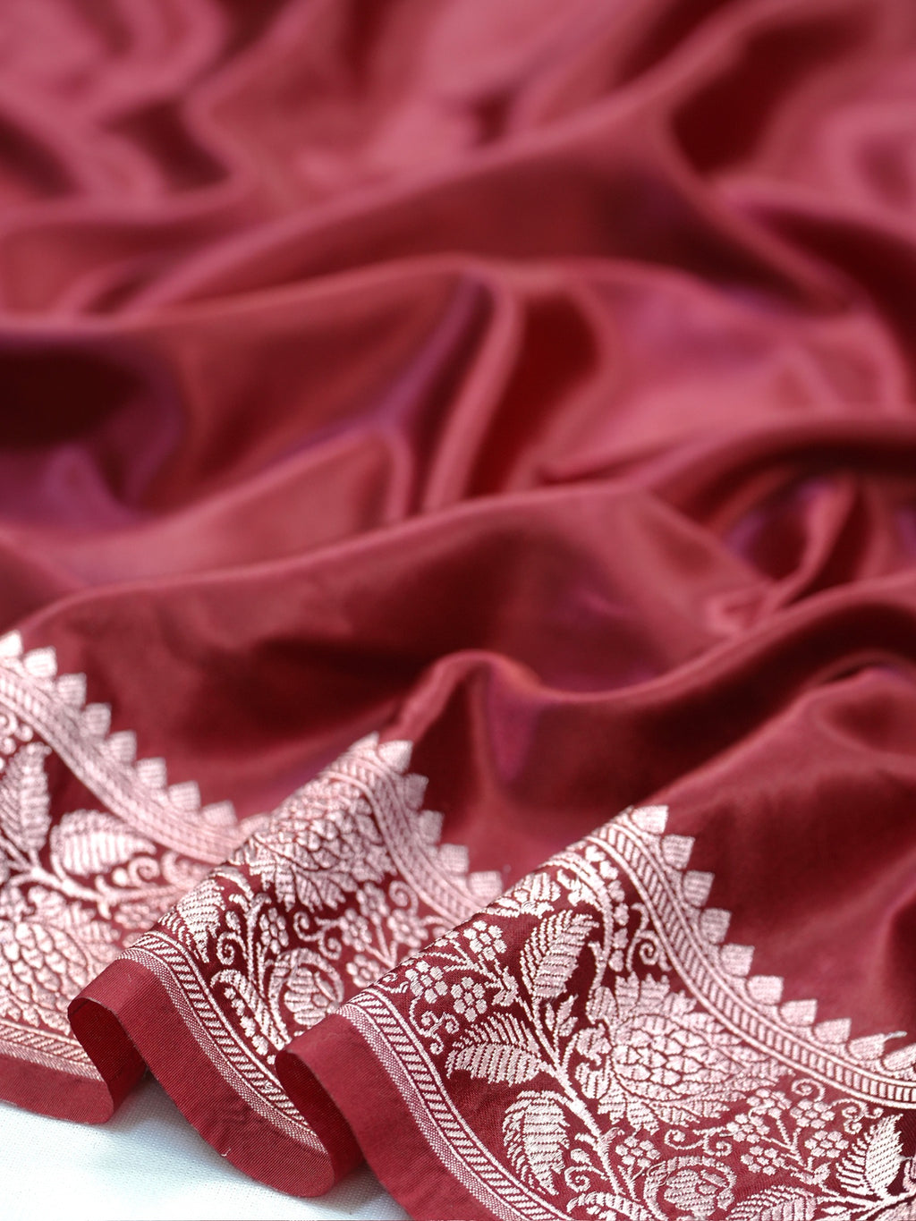 Maroon Banarasi Mashru Katan Silk Saree with Antique Silver Zari Weaving