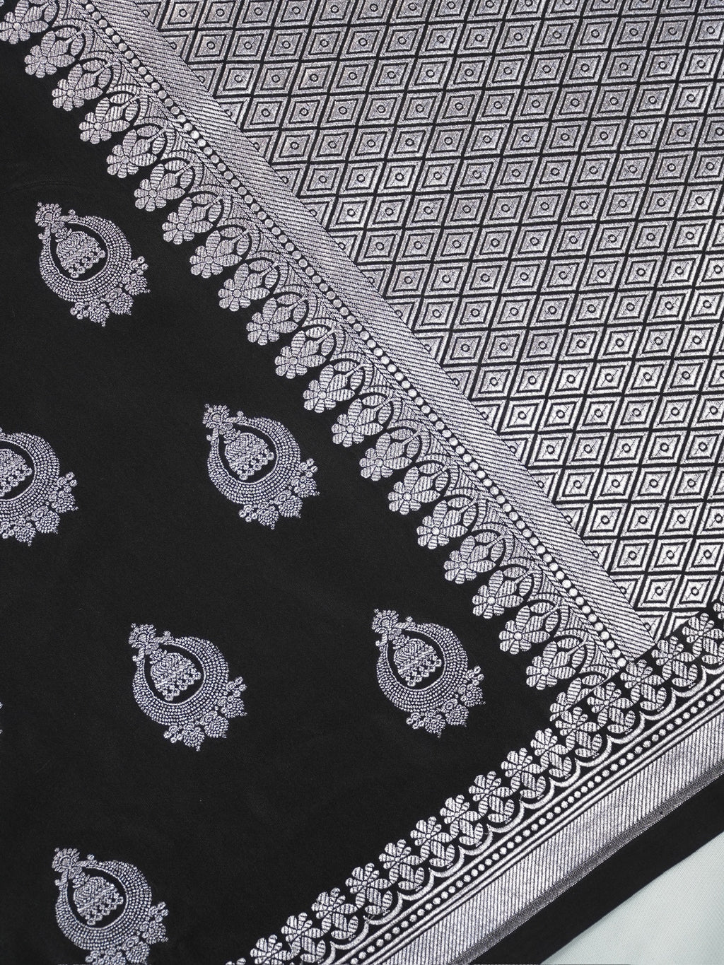 Midnight Black Banarasi Mashru Katan Silk Saree with Jhumka Motifs