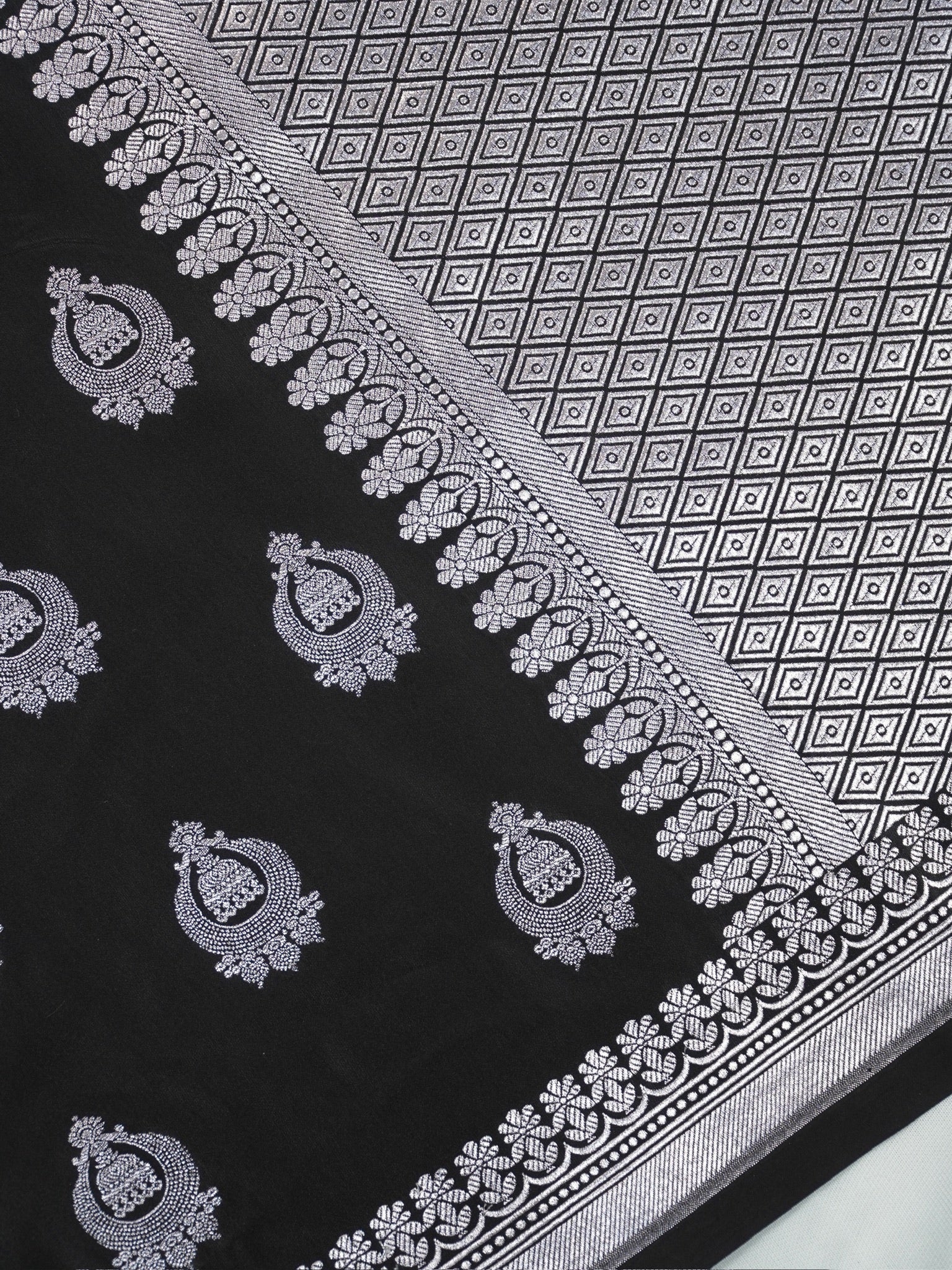 Midnight Black Banarasi Mashru Katan Silk Saree with Jhumka Motifs