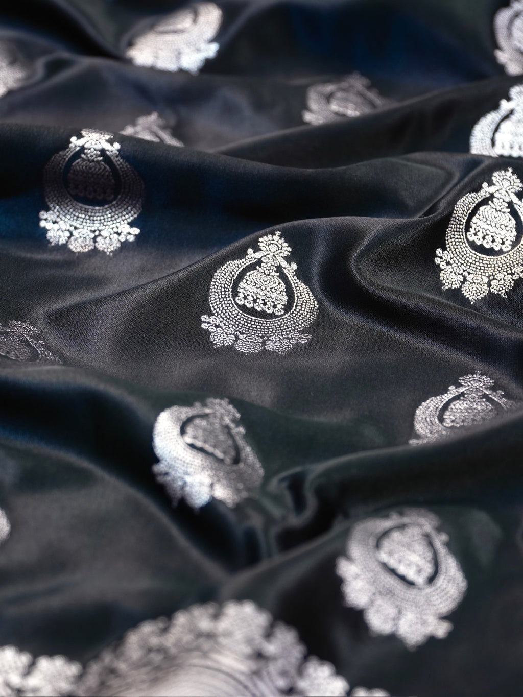 Midnight Black Banarasi Mashru Katan Silk Saree with Jhumka Motifs